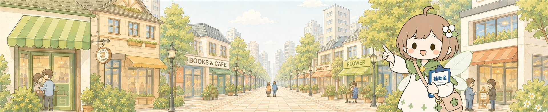 やさしい補助金AIの案内キャラクターと街並み